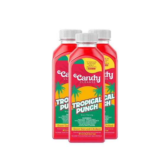 Three bottles of Tropical Punch detox cleanse from GetCandyCleanse for refreshing energy boost