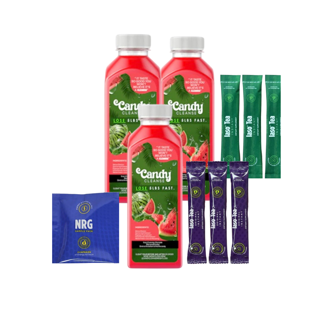 GetCandyCleanse Watermelon detox cleanse with juice bottles and tea packets for effective detoxification