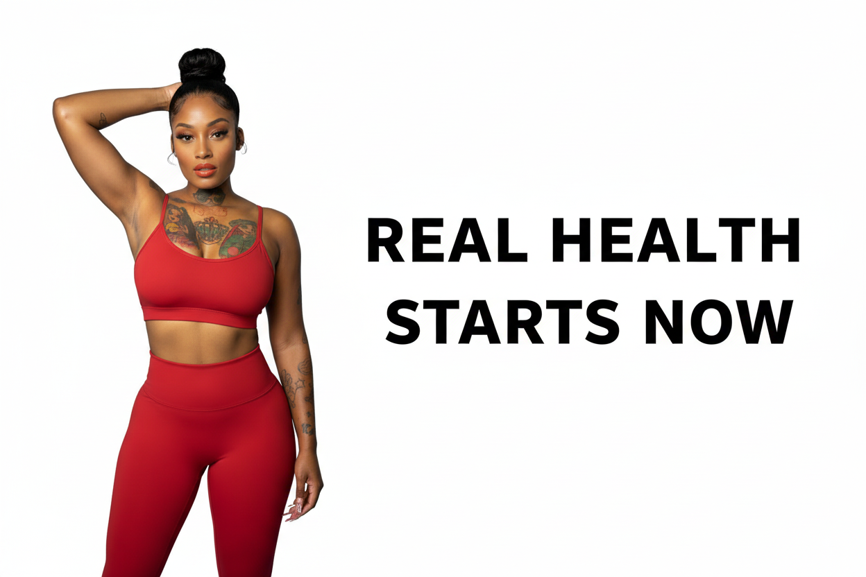 REAL HEALTH STARTS NOW banner with model